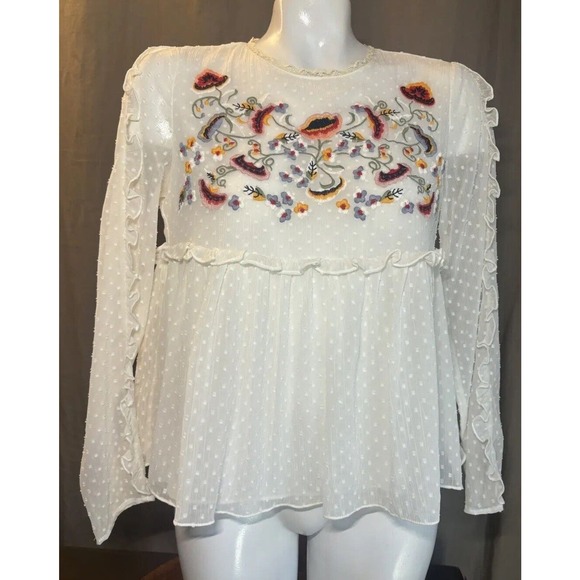 ZARA Trafaluc Collection Boho Top Embroidered Floral Peplum Ruffled Size Small - Picture 1 of 15